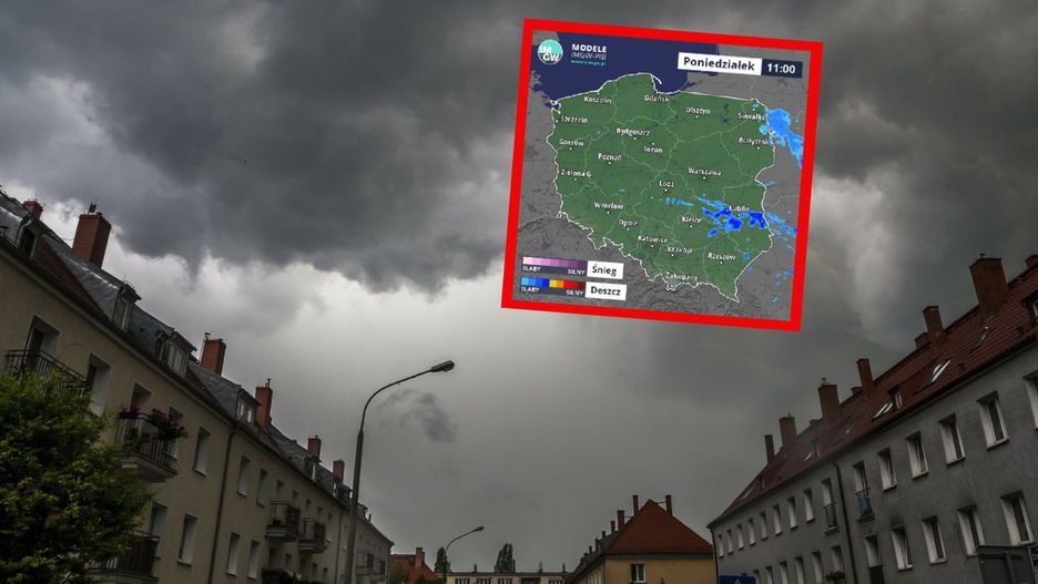 Mapa pogody. Opady przemieszczają się z centrum na wschód