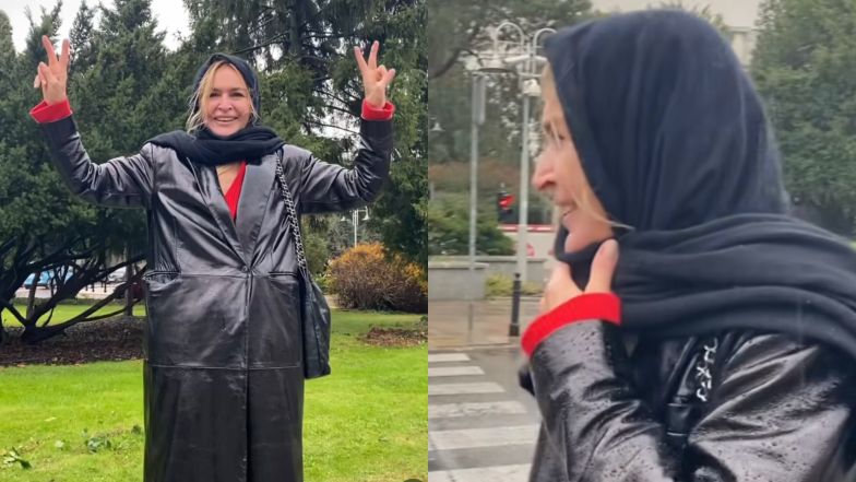 Uradowana Monika Olejnik moknie przed Sejmem