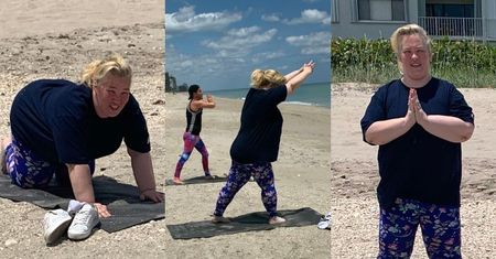 Zdeterminowana mama June walczy o wymarzoną sylwetkę podczas treningu jogi na plaży (ZDJĘCIA)