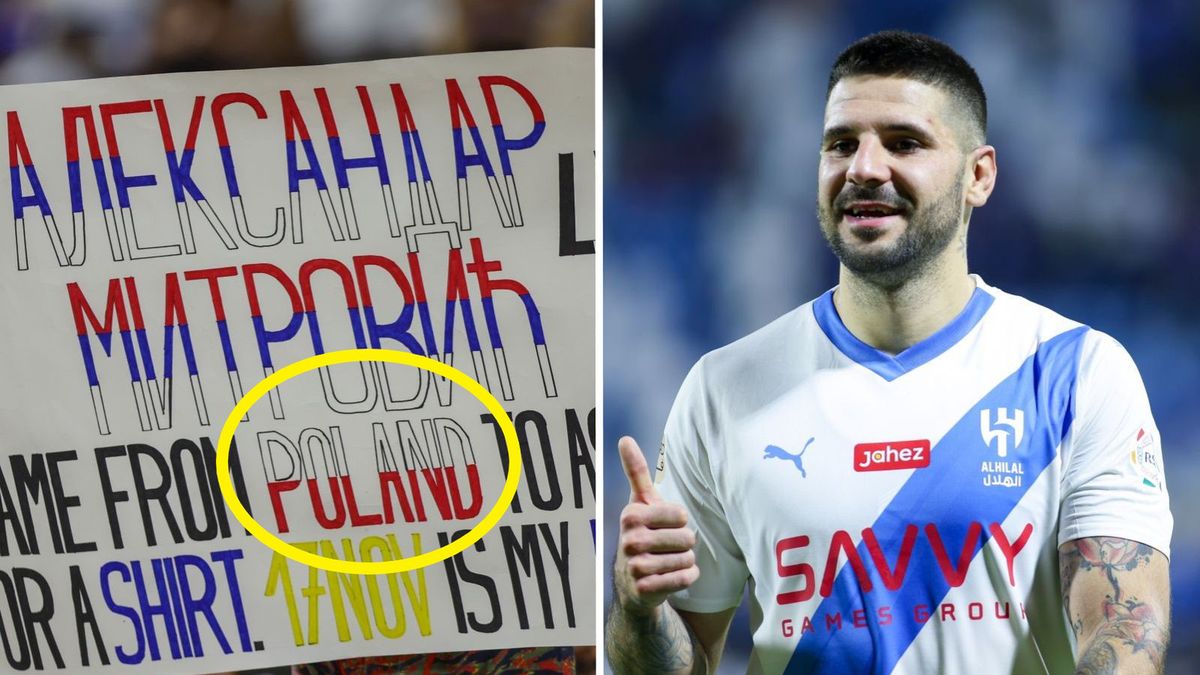 Na zdjęciu: Aleksandar Mitrović i transparent przygotowany przez kibica z Polski