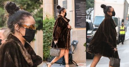 Zamaskowana Rihanna przechadza się po Los Angeles w futrze i sandałkach (ZDJĘCIA)