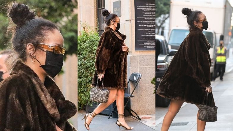 Zamaskowana Rihanna przechadza się po Los Angeles w futrze i sandałkach (ZDJĘCIA)
