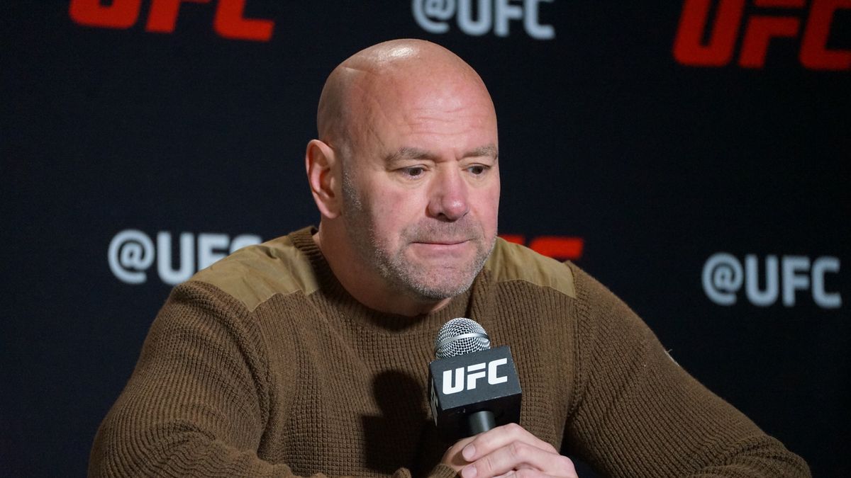 LAS VEGAS, NV - JANUARY 11: Dana White speaks to the media at the UFC Vegas 67 media day for the first time since he was caught slapping is wife on New Years Eve.  January 11, 2023, at the UFC APEX in Las Vegas, NV. (Photo by Amy Kaplan/Icon Sportswire via Getty Images)