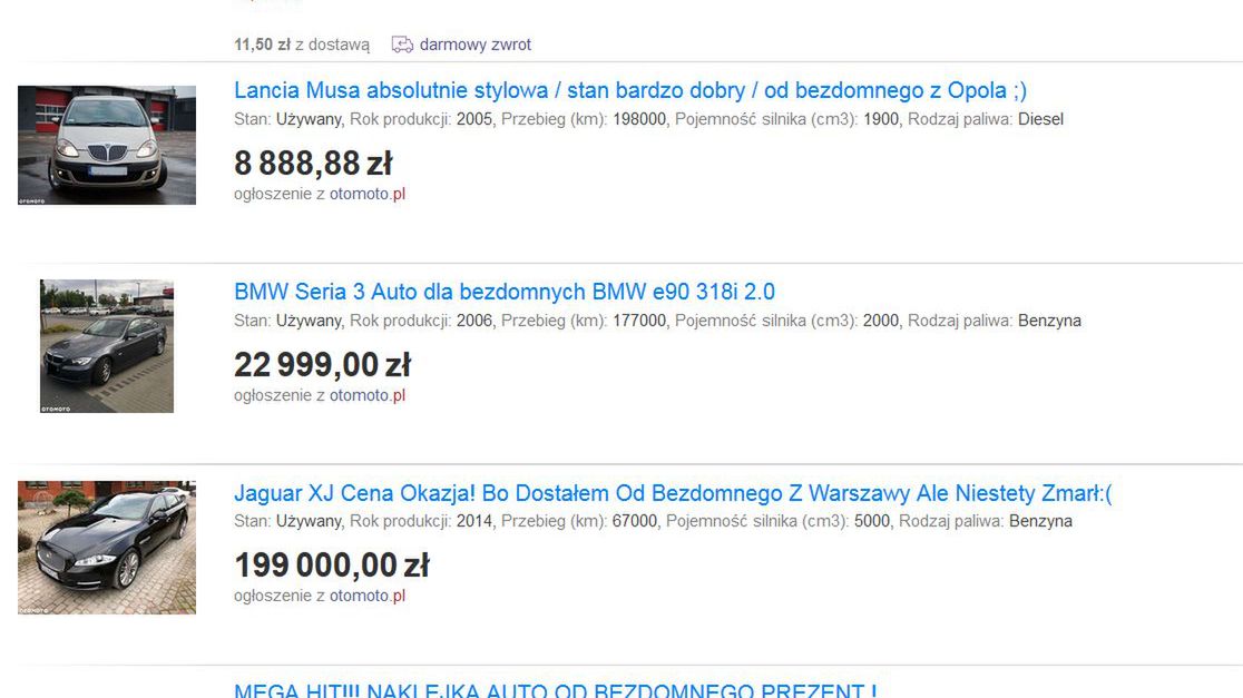 Przykładowe ogłoszenia z tytułami zawierającymi fraze "od bezdomnego"