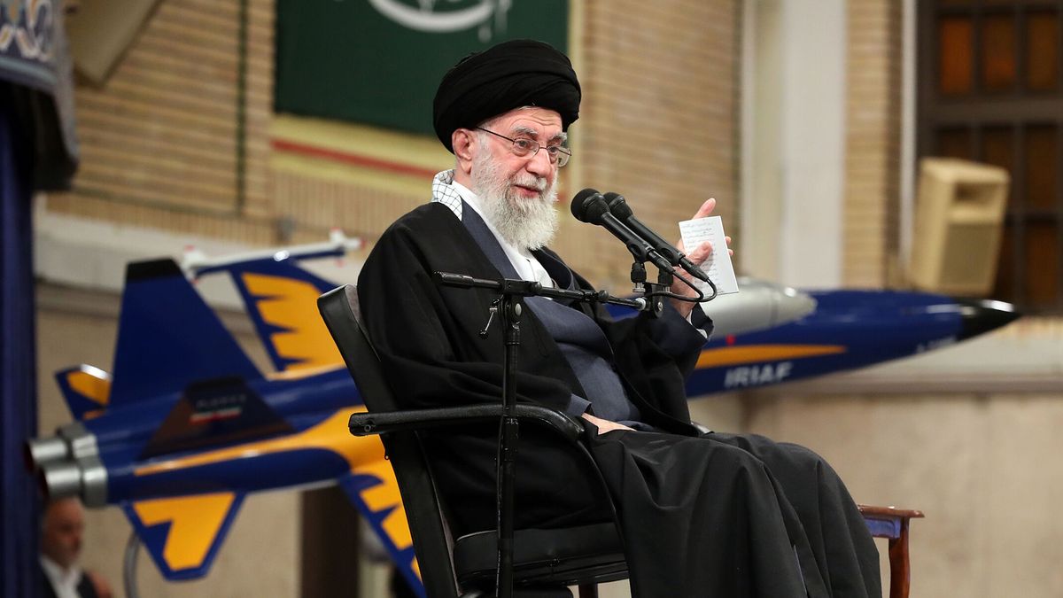 TEHRAN, IRAN - FEB 5: (----EDITORIAL USE ONLY  MANDATORY CREDIT - 'IRANIAN LEADER PRESS OFFICE / HANDOUT' - NO MARKETING NO ADVERTISING CAMPAIGNS - DISTRIBUTED AS A SERVICE TO CLIENTS----) Iranian Leader Ali Khamenei attends a program at the Imam Khomeini Hosseini meets with Iran Air Force commanders and Iran Air Defense Force officers at the Imam Khomeini Husayniyya in Tehran, Iran on February 05, 2024. (Photo by Iranian Leader Press Office / Handout/Anadolu via Getty Images)