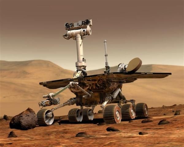 Artystyczna wizja łazika marsjańskiego w ramach misji Mars Exploration Rover