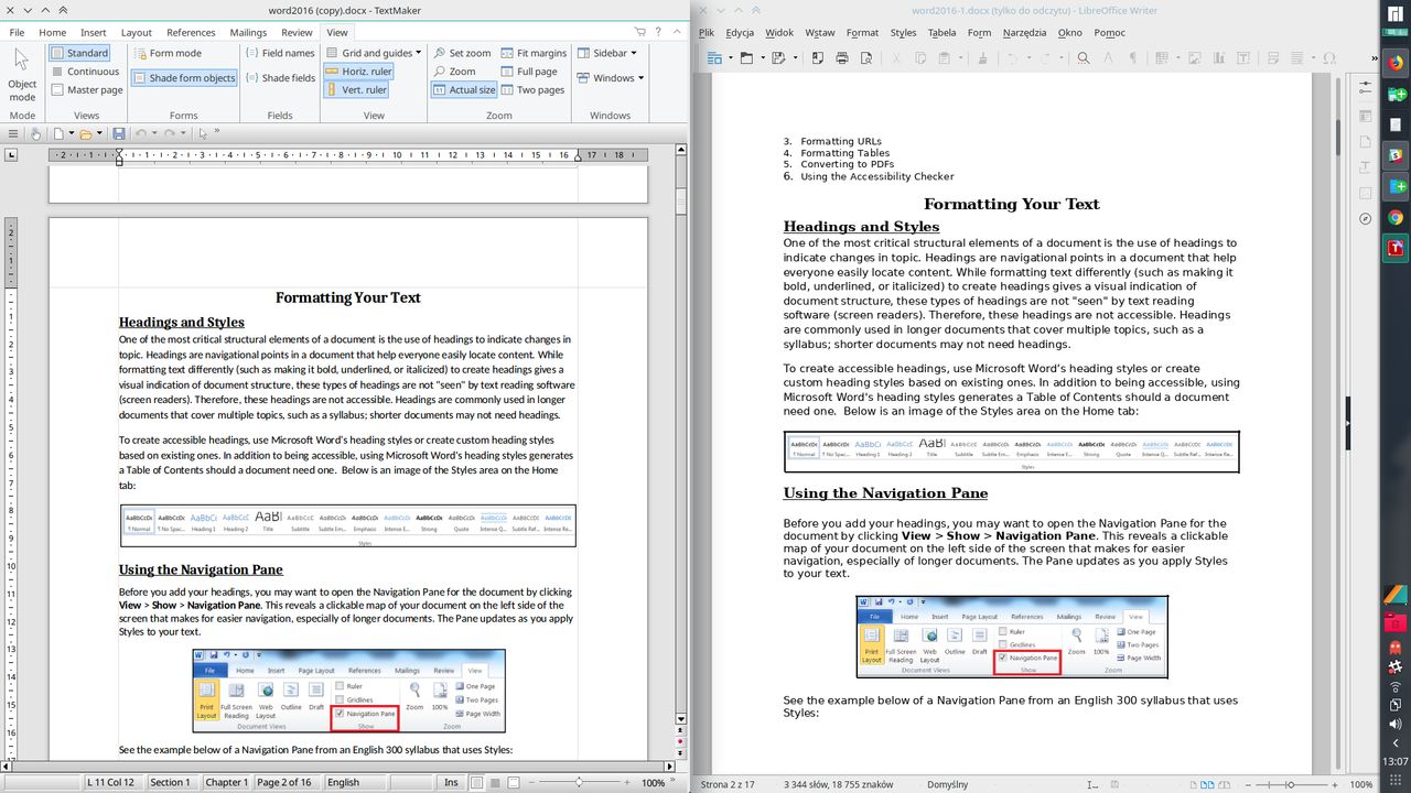 FreeOffice i LibreOffice obok siebie: niestety ten drugi nie potrafi wciąż idealnie wyświetlić dokumentu DOCX