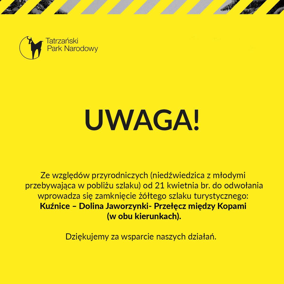 Żółty szlak turystyczny z Kuźnic do Doliny Gąsienicowej zostaje zamknięty