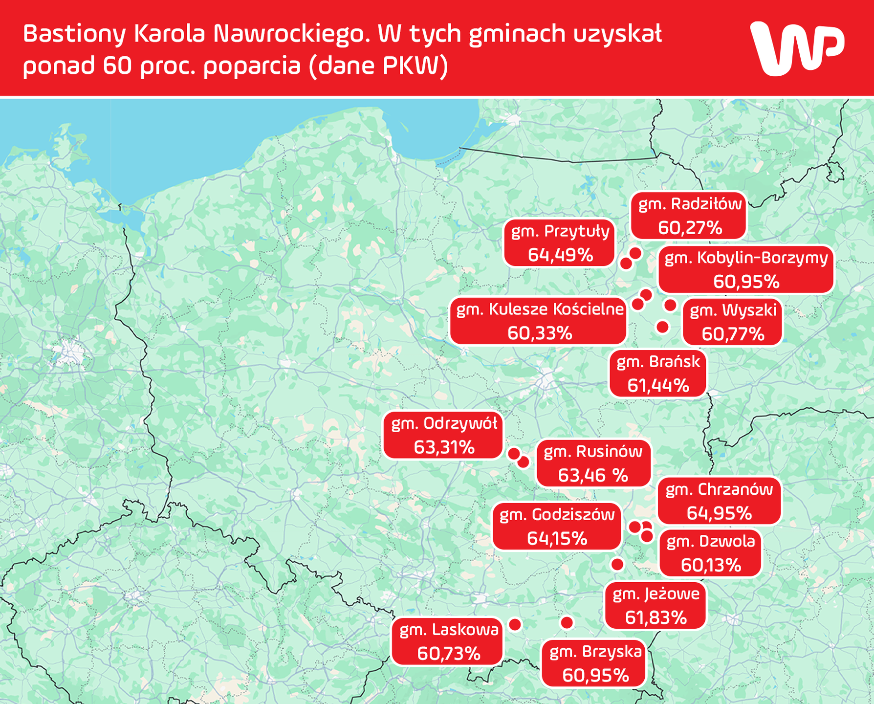 Gminy z największym poparciem dla Nawrockiego