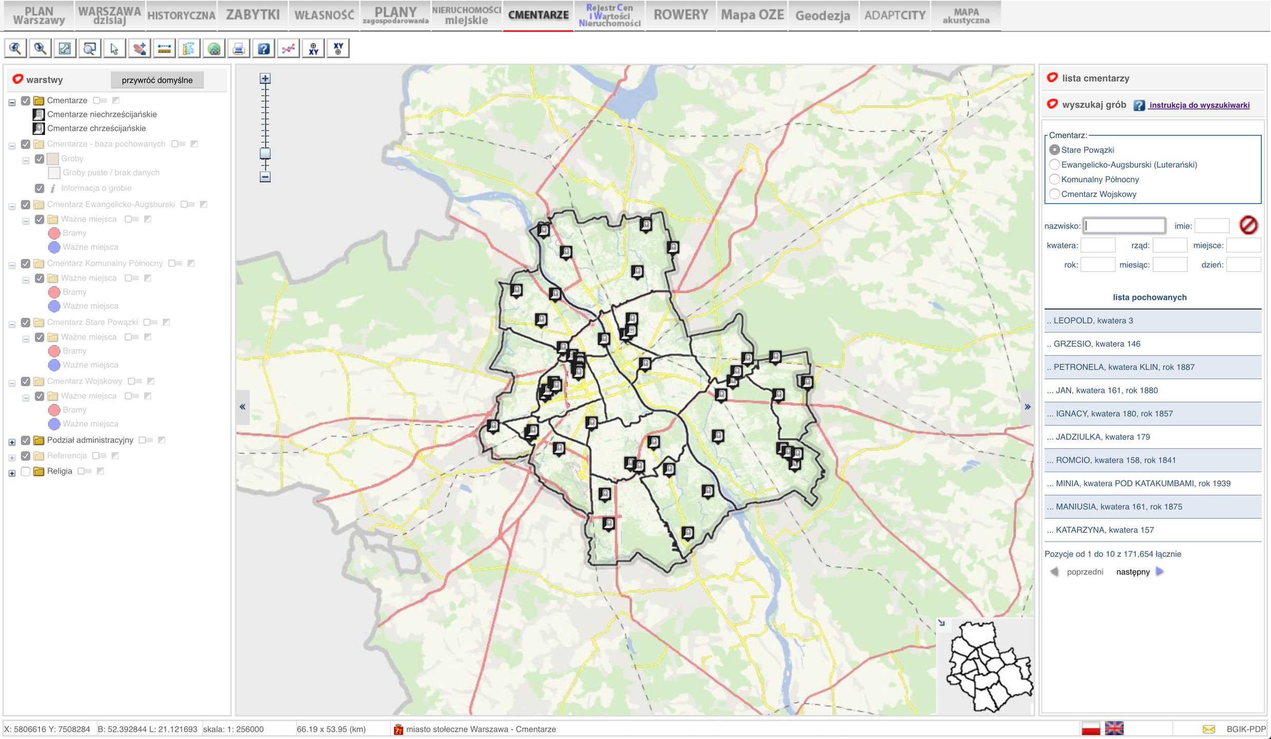 Mapa warszawskich cmentarzy