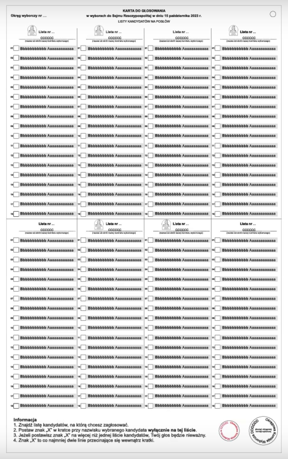 Tak wygląda karta do głosowania w wyborach do Sejmu. To przykładowa karta - na tej otrzymanej w lokalu wyborczym pojawiają się nazwy komitetów wyborczych oraz imiona i nazwiska kandydatów