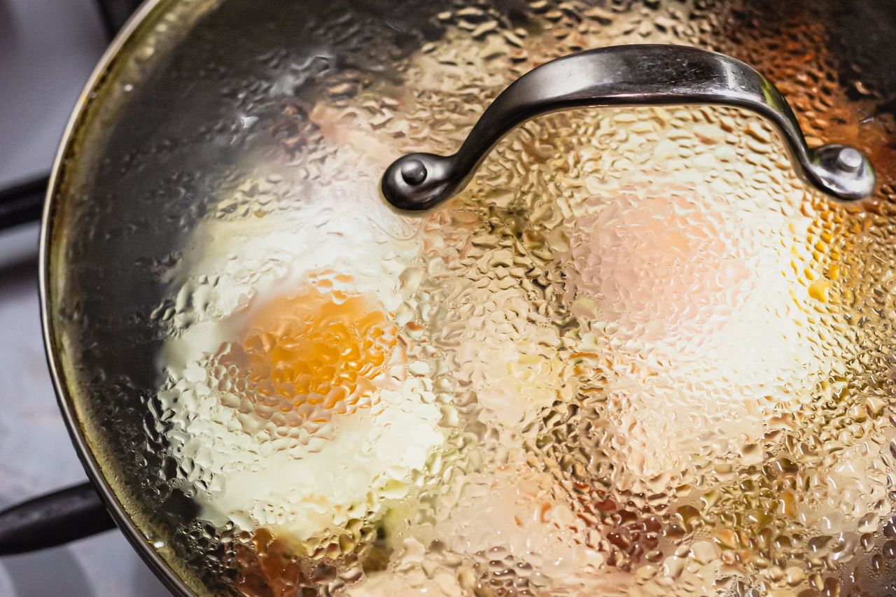 Fried eggs made this way have runny yolks surrounded by whites.