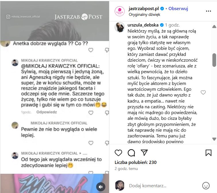 Urszula Dębska komentuje zachowanie Mikołaja Krawczyka