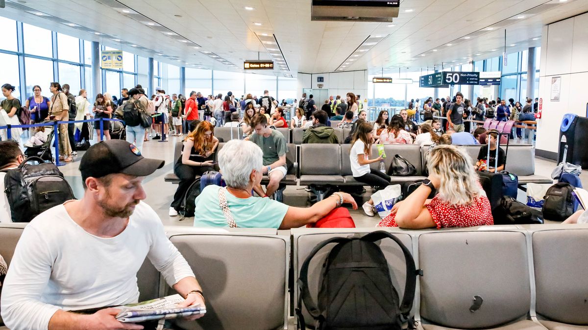LONDON, UNITED KINGDOM - 2024/07/23: Travelers wait for the Ryanair plane in London Stansted Airport. London Stansted Airport is an international airport located about 30 miles north of Central London. It's one of the major airports serving the London area. (Photo by Dominika Zarzycka/SOPA Images/LightRocket via Getty Images)