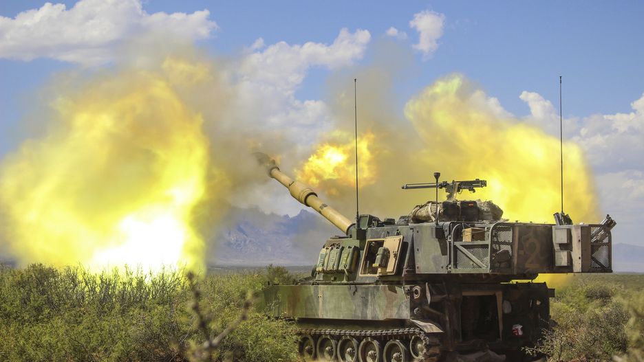 U.S. Army M109 Paladin Self-Propelled Howitzer
April 28, 2018, Fort Bliss, NM, United States: U.S. Army soldiers with Bravo Battery, 2nd Battalion, 114th Field Artillery Regiment, conduct live fire maneuvers with a M109A6 Paladin self-propelled howitzer at Fort Bliss,  April 28, 2018 in Dona Ana, New Mexico.,Image: 691593884, License: Rights-managed, Restrictions: , Model Release: no, Credit line: Sgt. Brittany Johnson/Us Army / Zuma Press / Forum
Sgt. Brittany Johnson/Us Army / Zuma Press / Forum
M109, Paladin, 155, mm, self-propelled, howitzer, live, fire, shoot-and-scoot, M142, M109A7, indirect-fire, weapon, artillery, piece, field, Bravo, Battery, 2nd, Battalion, 114th, Field, Artillery, Regiment, army, Fort, Bliss, Dona, Ana, New, Mexico, Army, National, Guard, outdoors, outside, armed, forces, military, USA, America, United, States, American, general, view, nobody, no, people, combat, technology, gunnery, range, blue, sky, good, weather, warfighting, horizontal, US, zho, handout, public, domain, ho, zhandout, M109.Paladin_20180428_113.jpg, zarchive, Press, 20180428_zaa_p138_032.jpg