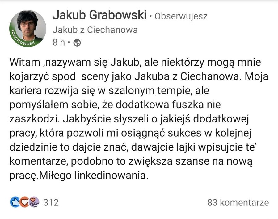 Wpis Jakuba z Ciechanowa na LinkedInie