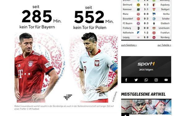 Screen z portalu sport1.de, na którym widać grafikę z nieskutecznością Lewandowskiego
