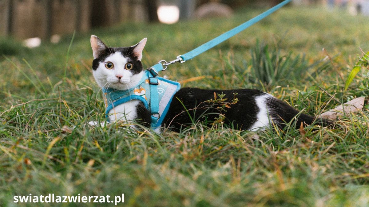 czarno-biały kot na szelkach na spacerze w trawie