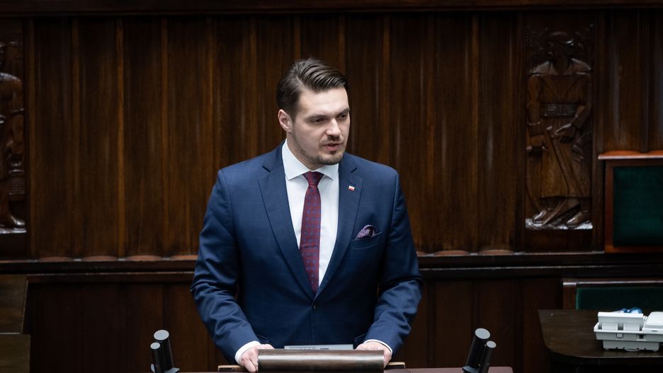Michal Wypij during the 49th session of the Sejm (lower house) in Warsaw, Poland, on March 3, 2022. (Photo by Mateusz Wlodarczyk/NurPhoto via Getty Images)