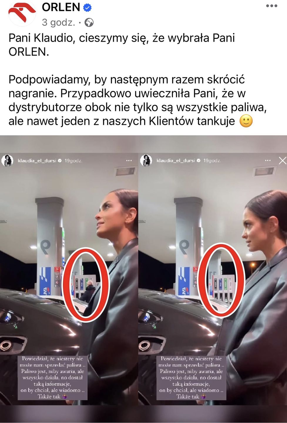 Stacja paliw odpowiada Klaudii El Dursi