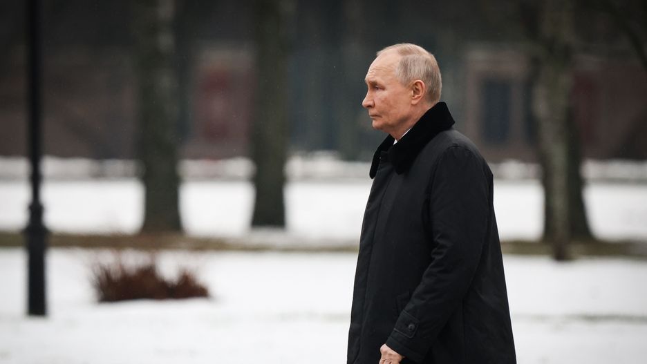 ST  PETERSBURG, RUSSIA - 2025/01/27: Russian President Vladimir Putin seen during the solemn mourning ceremony of laying flowers and wreaths at the "Mother Motherland" monument at the Piskarevskoye Memorial Cemetery. St. Petersburg celebrates an important historical date, 81 years since the complete liberation of Leningrad from the fascist blockade. (Photo by Artem Priakhin/SOPA Images/LightRocket via Getty Images)