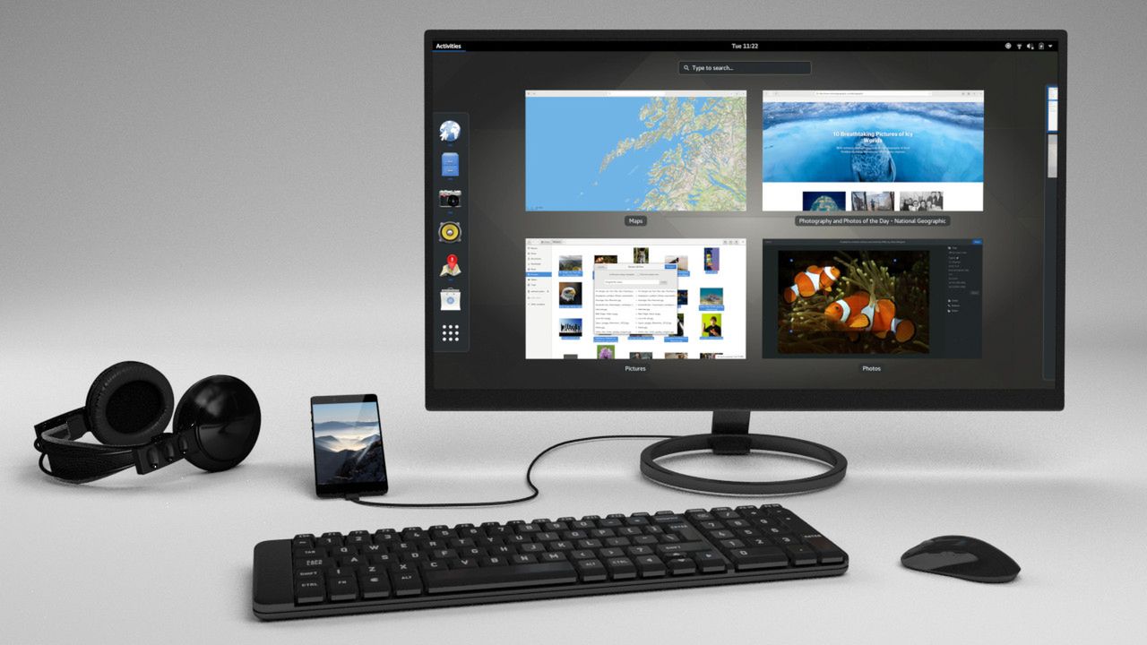 Librem 5 jako desktop, z monitorem, klawiaturą i myszką