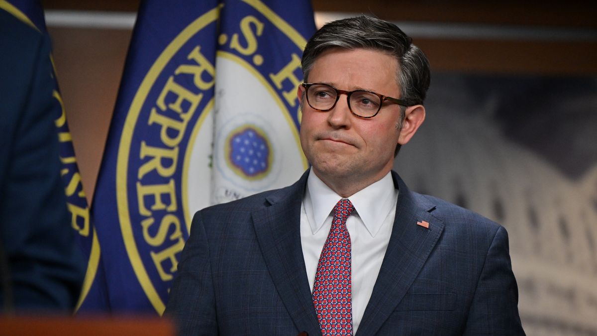 WASHINGTON, DC - APRIL 10: Speaker of the House Rep. Mike Johnson (R-La.) looks on during a press conference following the House Republican Conference meeting at the U.S. Capitol on April 10, 2024 in Washington, D.C. (Photo by Ricky Carioti/The Washington Post via Getty Images)