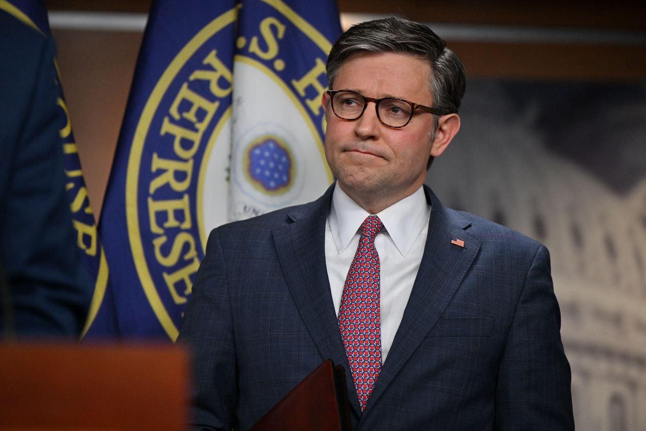 WASHINGTON, DC - APRIL 10: Speaker of the House Rep. Mike Johnson (R-La.) looks on during a press conference following the House Republican Conference meeting at the U.S. Capitol on April 10, 2024 in Washington, D.C. (Photo by Ricky Carioti/The Washington Post via Getty Images)