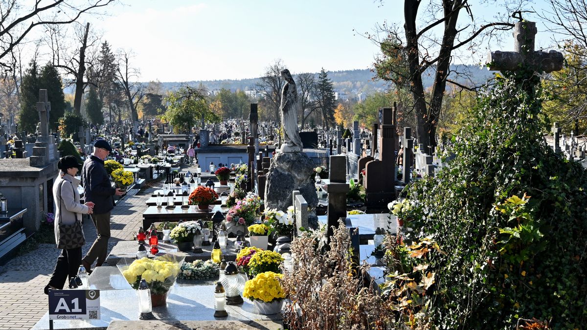 Kielce, 01.11.2024. Cmentarz Nowy w Kielcach, 1 bm. W Kościele katolickim 1 listopada przypada uroczystość Wszystkich Świętych. Kościół wspomina tych, którzy zostali wyniesieni na ołtarze oraz świętych bezimiennych (amb) PAP/Piotr Polak