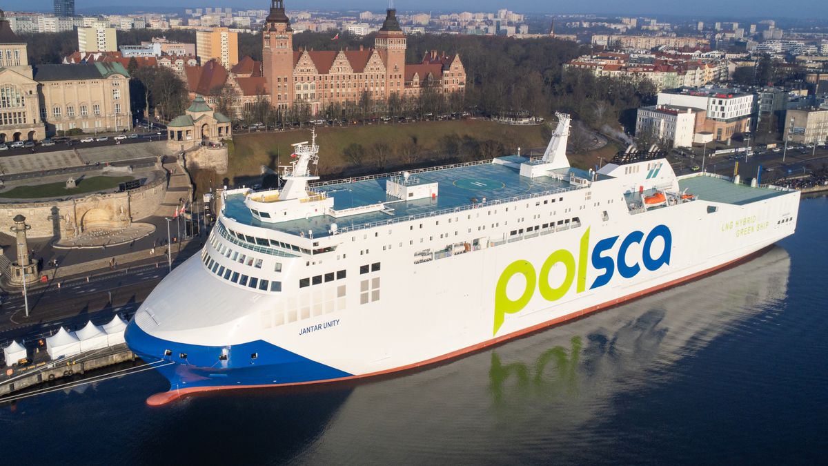 The new Ro-Pax ferry Jantar Unity, operated by Unity Line under the POLSCA Baltic Ferries brand, is moored at Waly Chrobrego for an official christening visit and a public open-day presentation ahead of entering regular service on Baltic Sea routes, in Szczecin, Poland, on January 18, 2026. (Photo by Mateusz Wlodarczyk/NurPhoto via Getty Images)