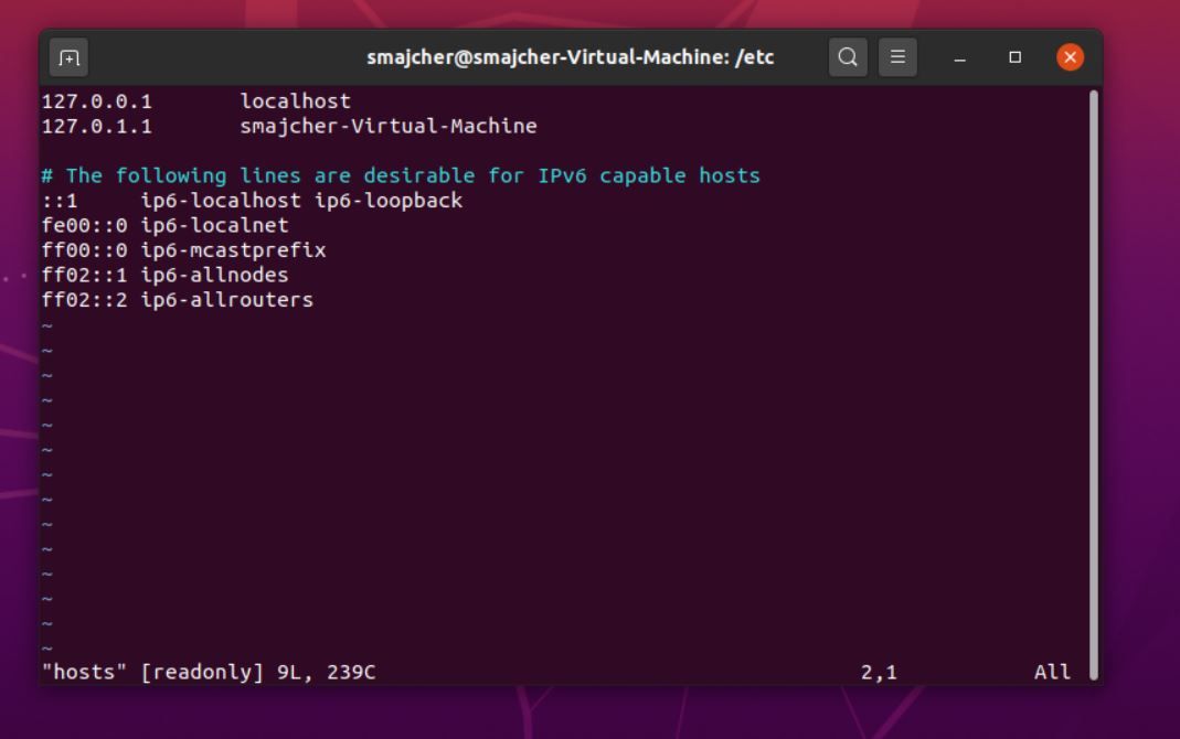 Domyślna zawartość pliku /etc/hosts w systemie Ubuntu
