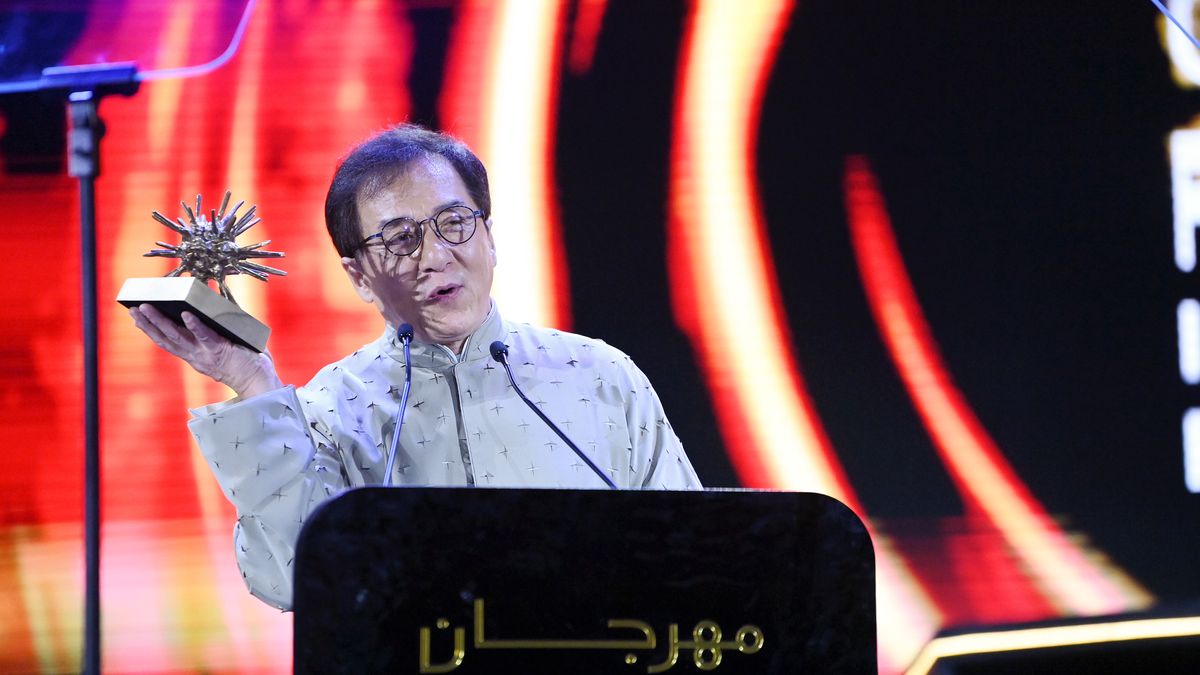 JEDDAH, SAUDI ARABIA - DECEMBER 08: Jackie Chan speaks on stage at the Closing Night Gala Awards at the Red Sea International Film Festival on December 08, 2022 in Jeddah, Saudi Arabia. (Photo by Eamonn M. McCormack/Getty Images for The Red Sea International Film Festival)