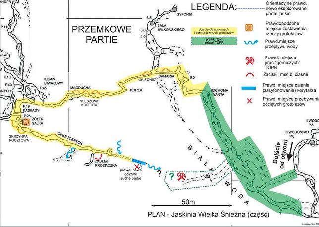 Gran cueva nevada.  Lugar de operaciÃ³n de rescate.  Boceto desarrollado por uno de los espeleÃ³logos.  La ruta marcada en amarillo querÃ­a ser superada por los rescatadores y espeleÃ³logos de GRJ.