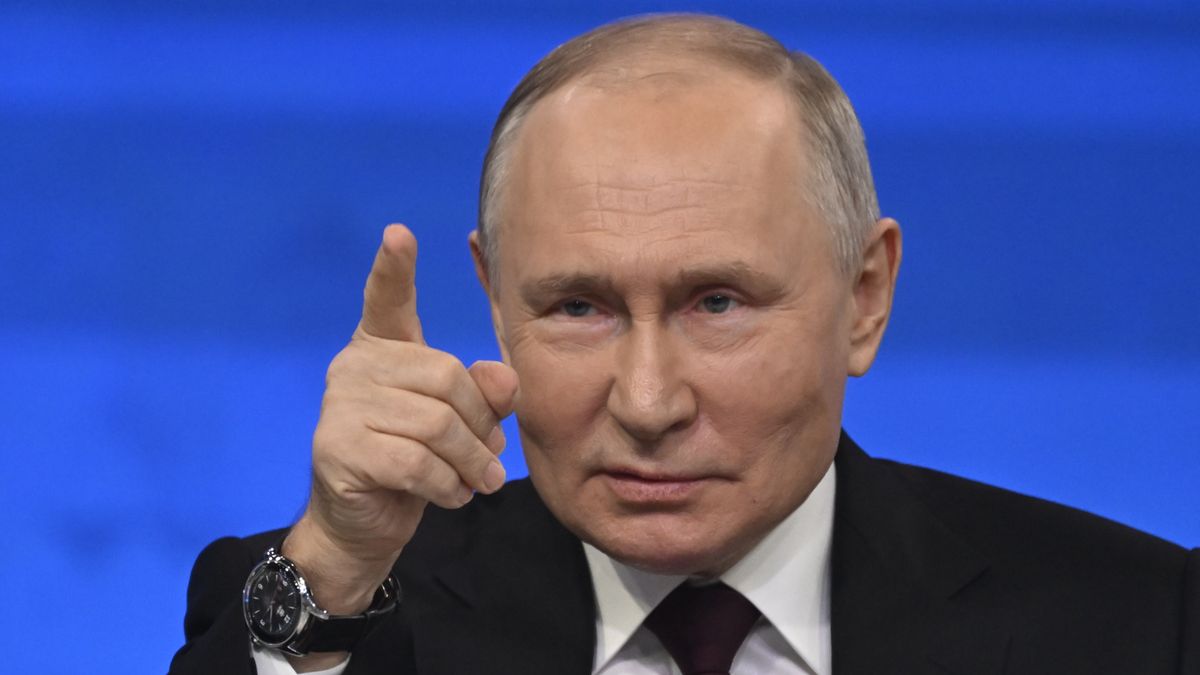 MOSCOW, RUSSIA - DECEMBER 14: Russia's President Vladimir Putin attends annual special televised question-and-answer session and year-end news conference scheduled to take place at the Gostiny Dvor trade and exhibition centre in Russia, Moscow on December 14, 2023. (Photo by Sefa Karacan/Anadolu via Getty Images)