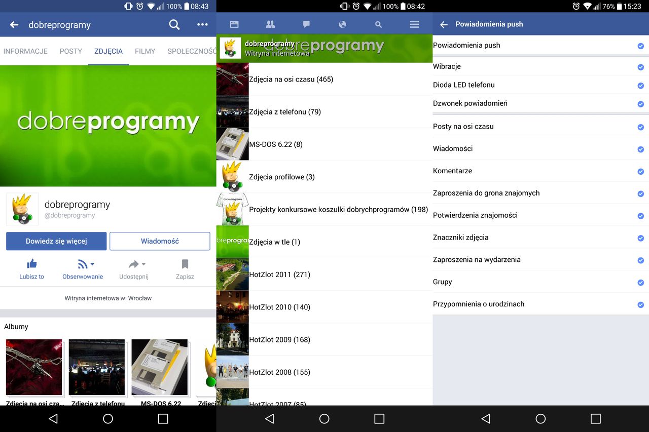 Od lewej: pełna wersja mobilnego Facebooka, następnie ten sam widok w Facebooku Lite, na końcu ustawienia powiadomień w lekkiej wersji aplikacji