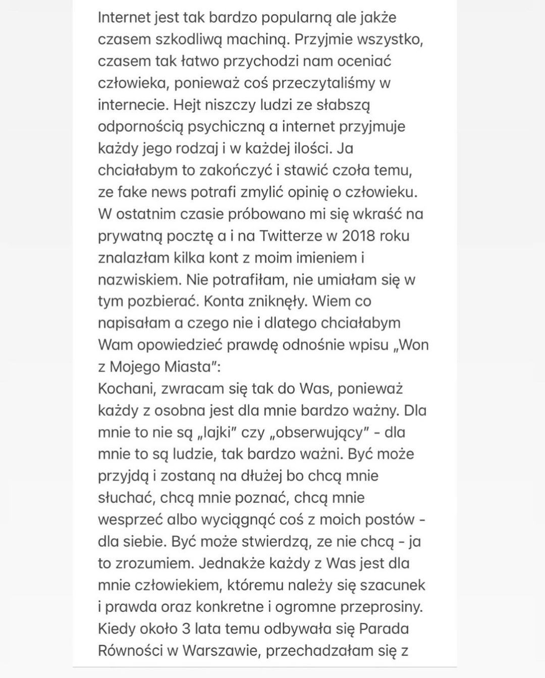 Treść oświadczenia udostępnionego przez Mariannę Schreiber