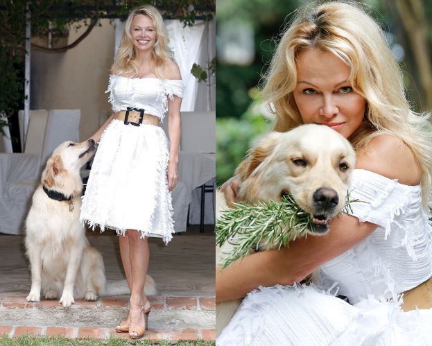 Romantyczna Pamela Anderson przytula psa