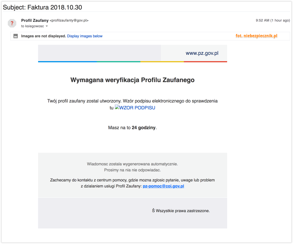 Treść wiadomości od oszustów, źródło: Niebezpiecznik.