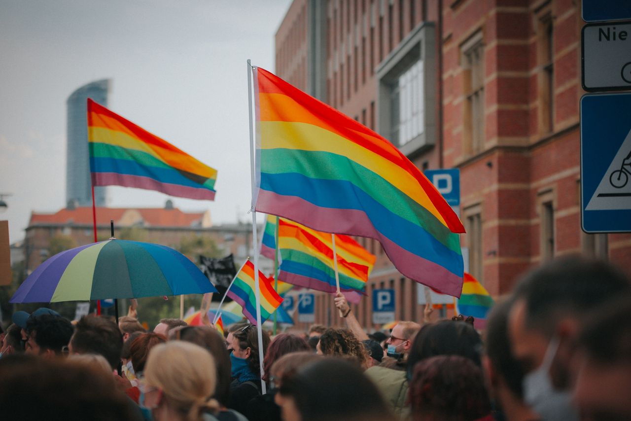 Tęczowe flagi podczas demonstracji