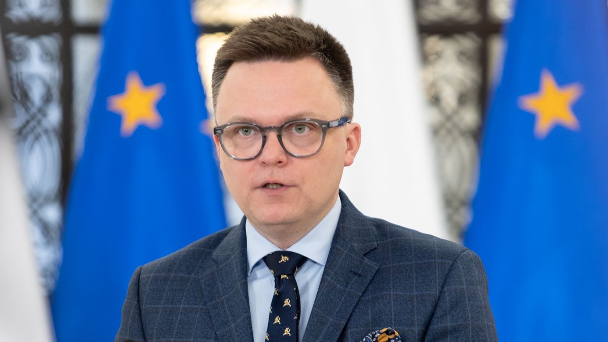 Marshal of the Sejm Szymon Holownia is speaking at a press conference in Warsaw, Poland, on February 20, 2024. (Photo by Foto Olimpik/NurPhoto via Getty Images)