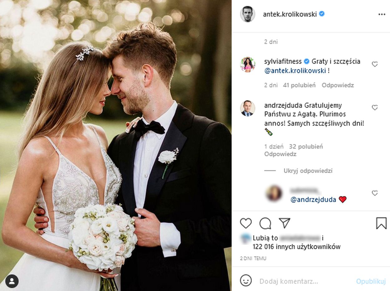 Andrzej Duda gratuluje Joannie Opoździe i Antoniemu Królikowskiemu z okazji ślubu