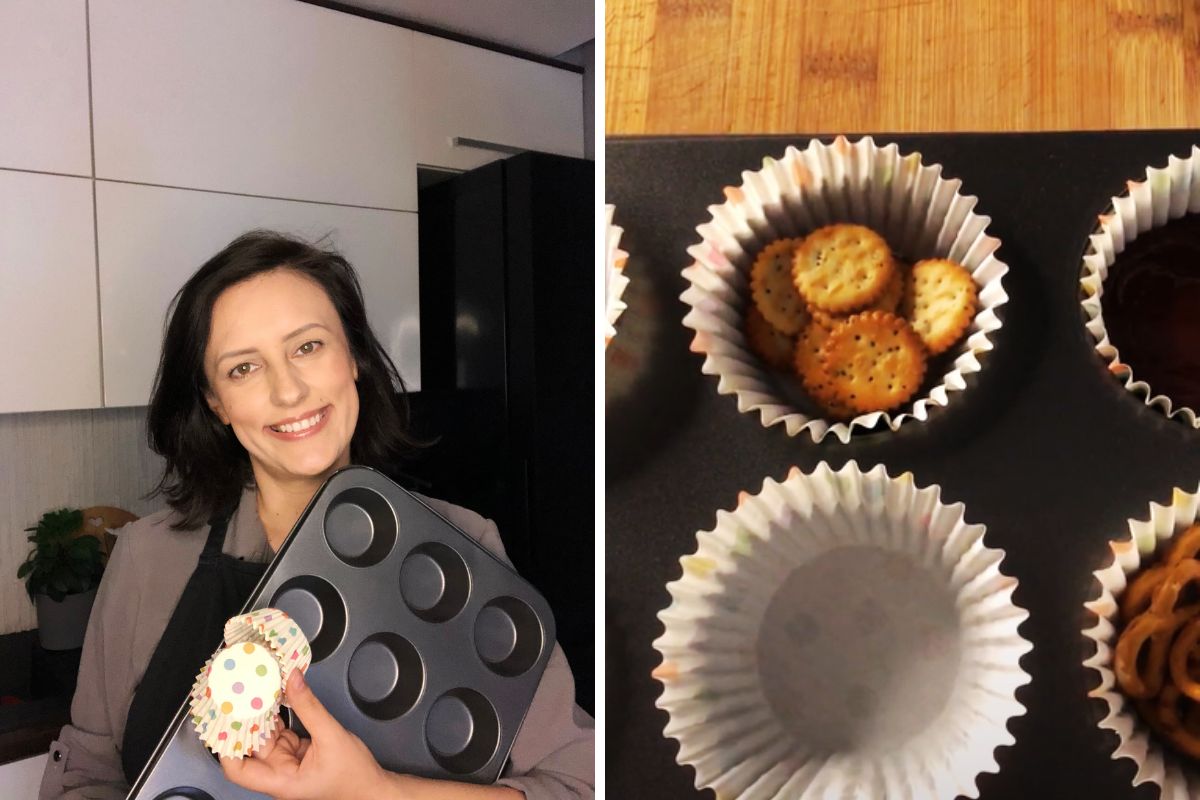 Each compartment with a baking cup receives tasty additions.