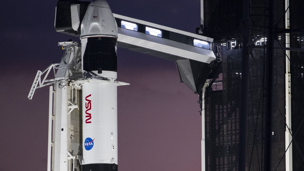 CAPE CANAVERAL, FLORIDA - FEBRUARY 25: A SpaceX Falcon 9 rocket with the company's Dragon spacecraft on top is seen at sunset on the launch pad at Launch Complex 39A as preparations continue for the Crew-6 mission, on February 25, 2023, at NASAs Kennedy Space Center in Cape Canaveral, Florida. NASAs SpaceX Crew-6 mission is the sixth crew rotation mission of the SpaceX Crew Dragon spacecraft and Falcon 9 rocket to the International Space Station as part of the agencys Commercial Crew Program. NASA astronauts Stephen Bowen and Warren "Woody" Hoburg, UAE (United Arab Emirates) astronaut Sultan Alneyadi, and Roscosmos cosmonaut Andrey Fedyaev are scheduled to launch at 1:45 a.m. EST on Feb. 27, from Launch Complex 39A at the Kennedy Space Center. (Photo by Joel Kowsky/NASA via Getty Images)