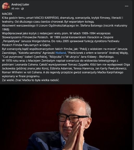 Wpis Andrzeja Lutera o śmierci Macieja Karpińskiego
