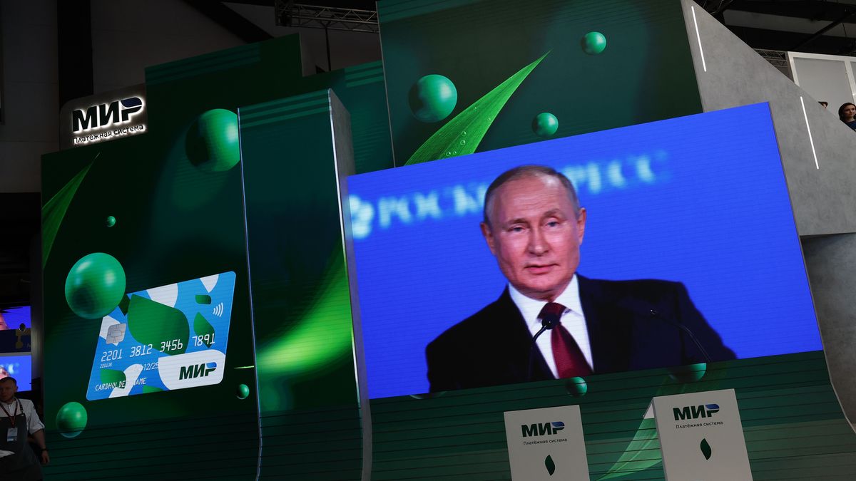 ST PETERSBURG, RUSSIA - JUNE 17: Russian President Vladimir Putin is seen on a screen as he speaks during St. Petersburg International Economic Forum in St. Petersburg, Russia on June 17, 2022. (Photo by Sefa Karacan/Anadolu Agency via Getty Images)