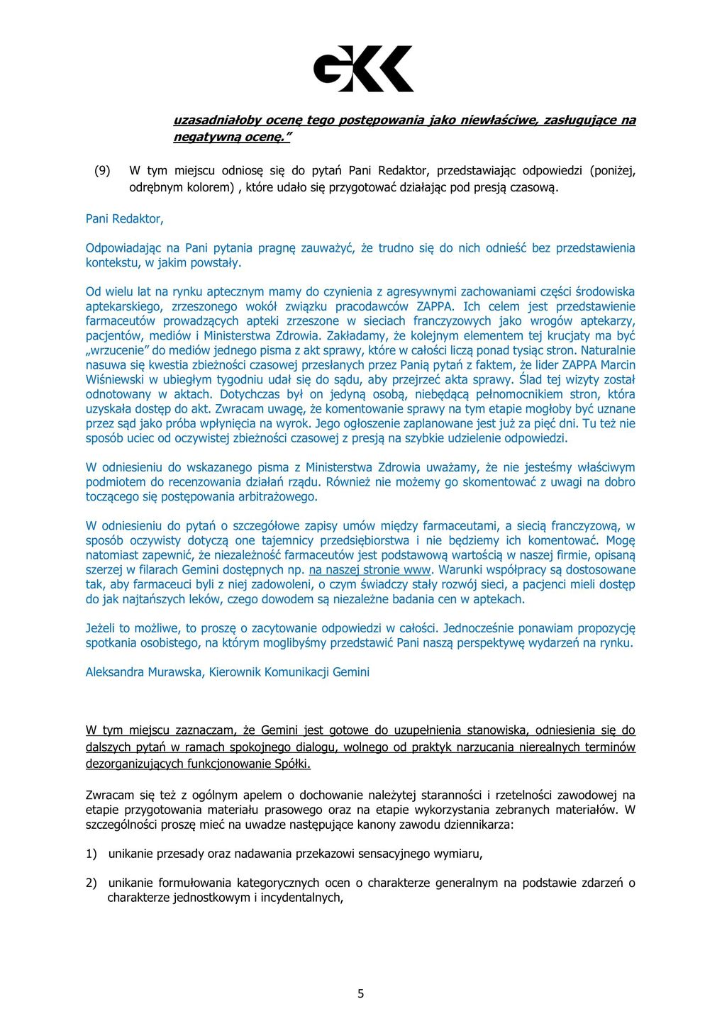 Pismo od kancelarii prawnej reprezentującej Gemini. Strona 5