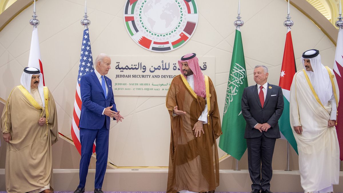 Jeddah Security and Development Summit in JeddahJEDDAH, SAUDI ARABIA - JULY 16: (----EDITORIAL USE ONLY â MANDATORY CREDIT - "ROYAL COURT OF SAUDI ARABIA / HANDOUT" - NO MARKETING NO ADVERTISING CAMPAIGNS - DISTRIBUTED AS A SERVICE TO CLIENTS----) Emir of Qatar Sheikh Tamim bin Hamad Al Thani (R), King Abdullah II of Jordan (2nd R), Saudi Arabian Crown Prince Mohammed bin Salman (3rd R), US President Joe Biden (2nd L) and King of Bahrain Hamad bin Isa Al Khalifa (L) attend Jeddah Security and Development Summit in Jeddah, Saudi Arabia on July 16, 2022. (Photo by Royal Court of Saudi Arabia/Anadolu Agency via Getty Images)Anadolu Agencyjeddah security and development summit