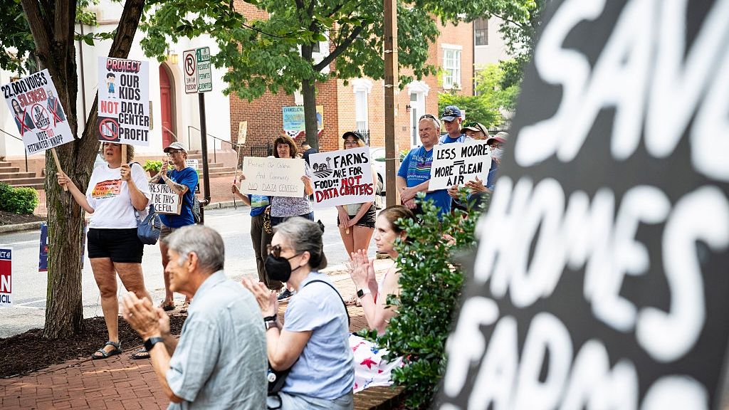 Demonstrators Against Data Centers On National Day Of Protest
Demonstrators during a protest against artificial intelligence (AI) outside Winchester Hall in Frederick, Maryland, US, on Saturday, July 18, 2026. Younger Americans are much less excited about artificial intelligence than they were a year ago, according to data from Gallup, which surveyed 1,500 Americans ages 14 to 29 in late February and early March. Photographer: Graeme Sloan/Bloomberg via Getty Images
Bloomberg
servers, u.s., hardware, north american, information technology, demonstrations, united states of america, protests, americas, tech, computing, data centers, american, u.s.a., national day of protest, us, industries, demonstrators, business news, maryland, protestors