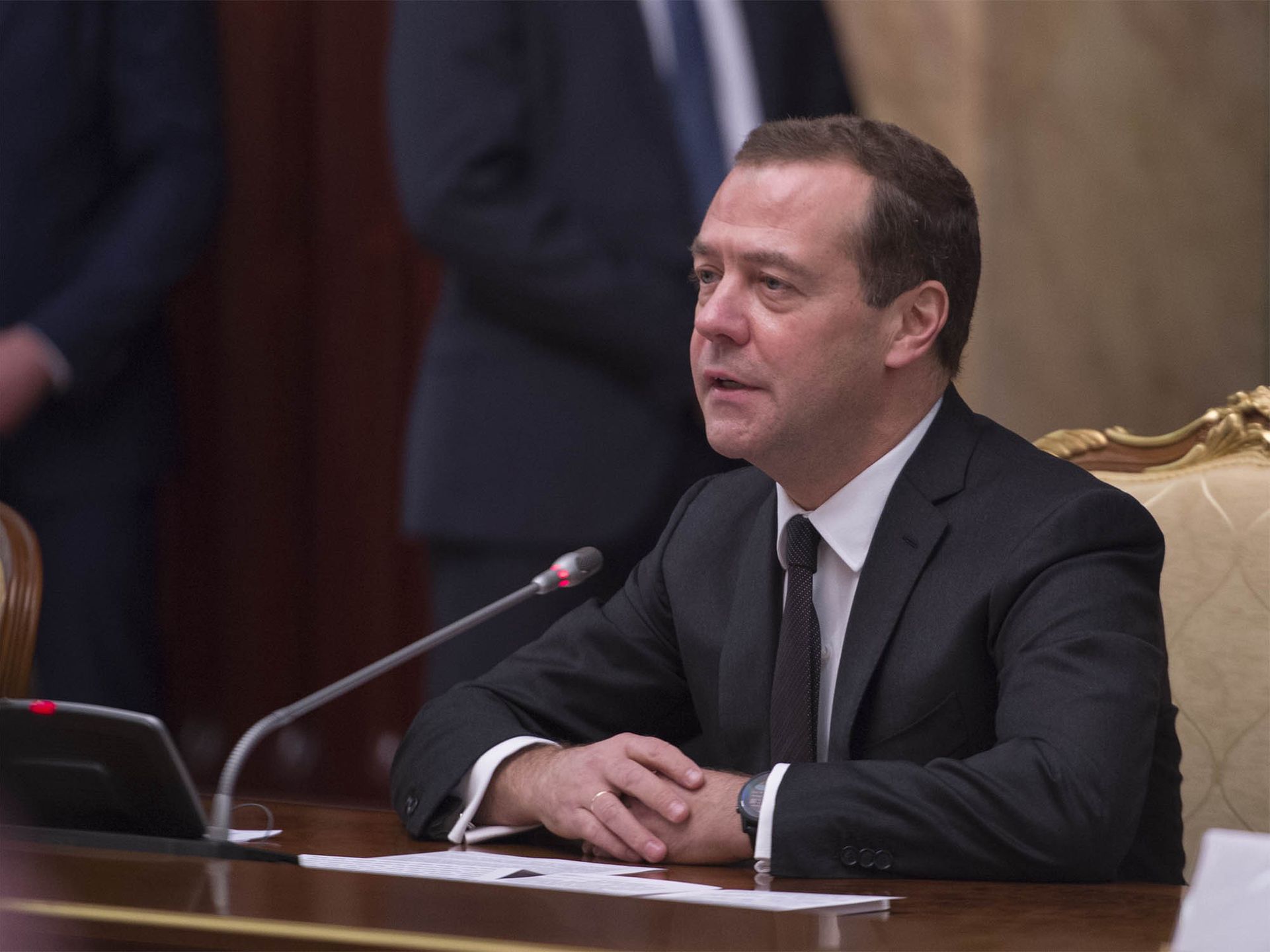King of Saudi Arabia Salman bin Abdulaziz Al Saud in Russia
MOSCOW, RUSSIA - OCTOBER 6: (----EDITORIAL USE ONLY  MANDATORY CREDIT - "BANDAR ALGALOUD / SAUDI ROYAL COUNCIL / HANDOUT" - NO MARKETING NO ADVERTISING CAMPAIGNS - DISTRIBUTED AS A SERVICE TO CLIENTS----)  Russian Prime Minister Dmitriy Medvedev speaks during a meeting with King Salman bin Abdulaziz Al Saud of Saudi Arabia in Moscow, Russia on October 6, 2017. (Photo by Bandar Algaloud / Saudi Royal Council / Handout/Anadolu Agency/Getty Images)
Anadolu
Russia, President, 2017, visit, politics, October, Salman bin Abdulaziz Al Saud, President of Russia, King of Saudi Arabia