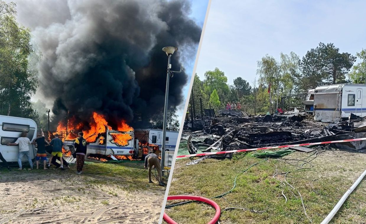 Pożar na polu kempingowym. Przyczepy doszczętnie spłonęły